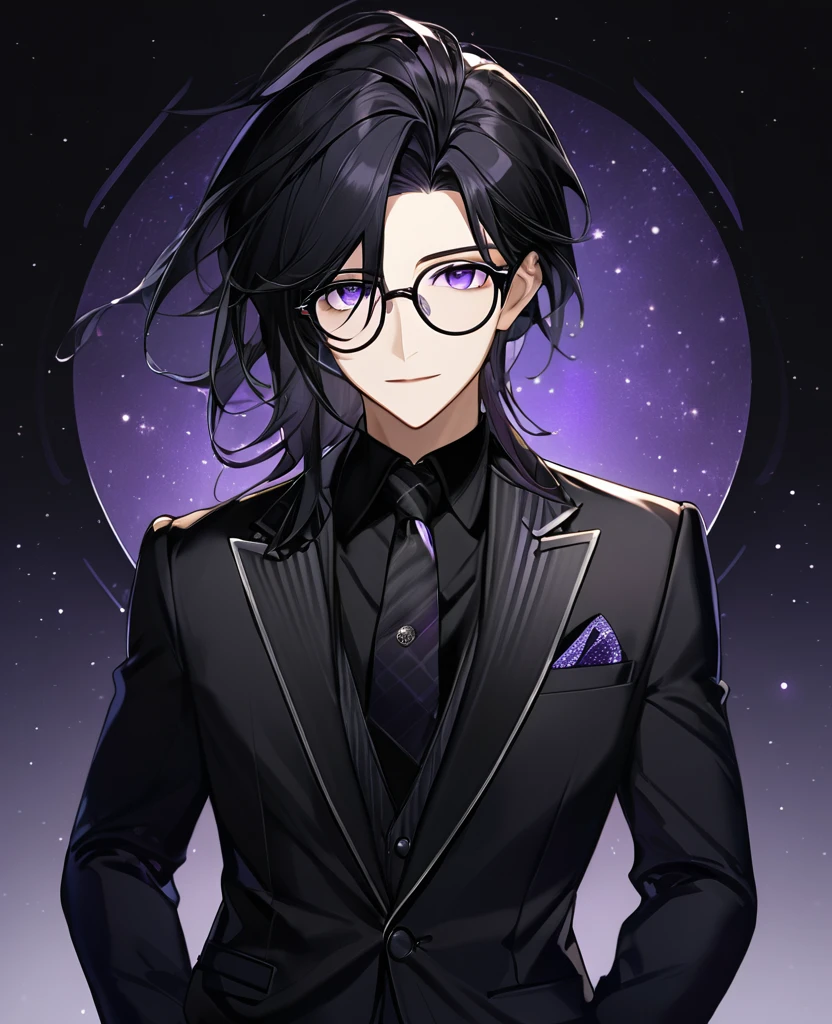 (black_hair), (dark_purple_eyes), (detailed_eyes), (attractive), (emotionless), (Dark_space_background), (male), (wearing _a_black_suit), (long_male_hair), (detailed_Hair), (detailed), (detailed_mouth), (wears_glasses)