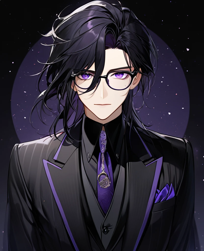 (black_hair), (dark_purple_eyes), (detailed_eyes), (attractive), (emotionless), (Dark_space_background), (male), (wearing _a_black_suit), (long_male_hair), (detailed_Hair), (detailed), (detailed_mouth), (wears_glasses)