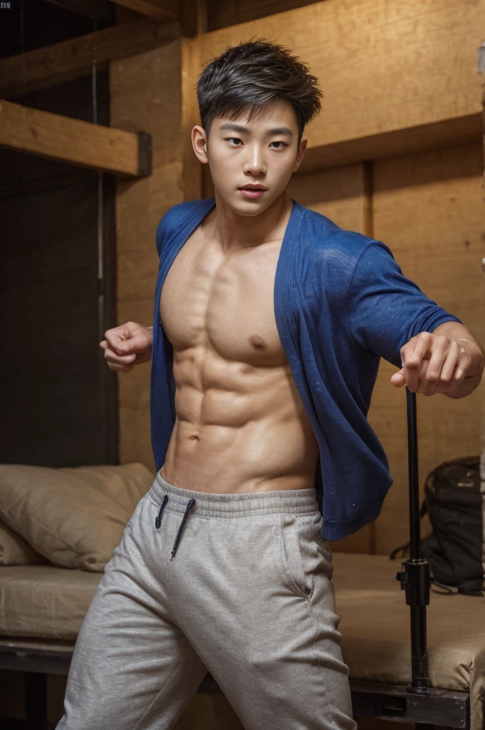 a young korean man, 20 years old, wearing a sexy shirt and pants, dynamic movement pose, big pecs, (best quality,4k,8k,highres,masterpiece:1.2),ultra-detailed,(realistic,photorealistic,photo-realistic:1.37),HDR,UHD,studio lighting,ultra-fine painting,sharp focus,physically-based rendering,extreme detail description,professional,vivid colors,bokeh,portrait,photography
