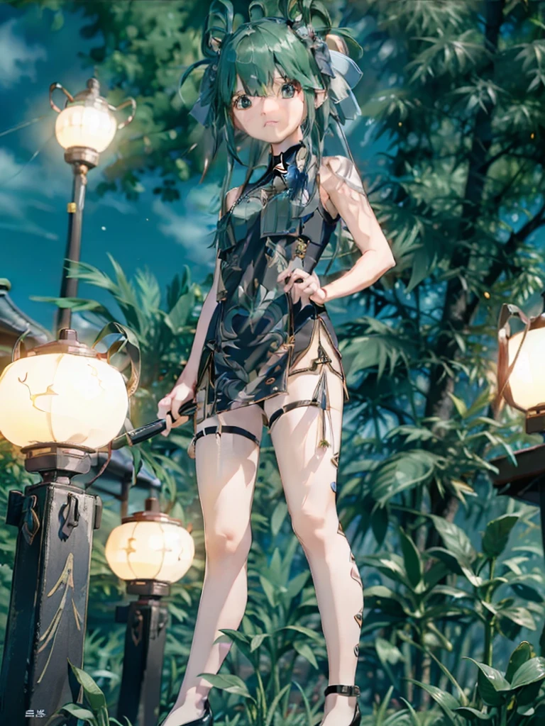 , Standing in front of a dragon statue, Holding a folding fan, Glaze expression, Wearing a green Chinese short dress, Heel, Beautiful Eyes, close, thunder efect, Lightning Particles, Outdoor, masterpiece