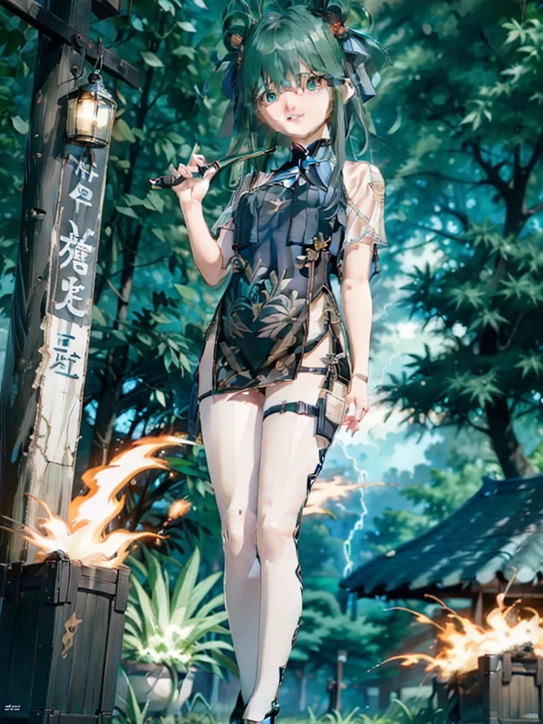 , Standing in front of a dragon statue, Holding a folding fan, Glaze expression, Wearing a green Chinese short dress, Heel, Beautiful Eyes, close, thunder efect, Lightning Particles, Outdoor, masterpiece