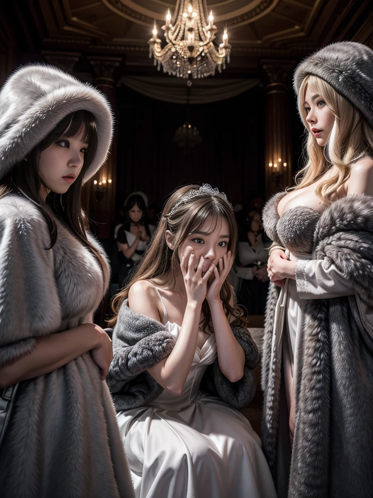 fluffyの毛皮。fluffy。Wedding dressを着た女性たちの写真。Wedding dress、Grey fur cape。Surrounded by fair-skinned adult women。Women wearing fur dresses and veils covering their faces are lined up。Beautiful women in luxurious furs。The dark dungeon of an old stone castle。Fisheye Lens、Fur coat。Multiple women。