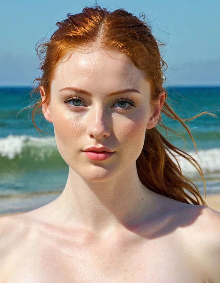 Photography full body of a very beautiful realistic girl, in the beach, porcelain skin, very light skin, very pale skin, redhead, wavy, pony tail, Detail of skin structure, hazel eyes, Slit eyes, small-nose, small nostril, think of arched eyebrows, thick lower lip, seductive glance, happy face, unique face, Wear a bikini, detailed photo, foto realista, Masterpiece Image, sharp image, clear daylight outside