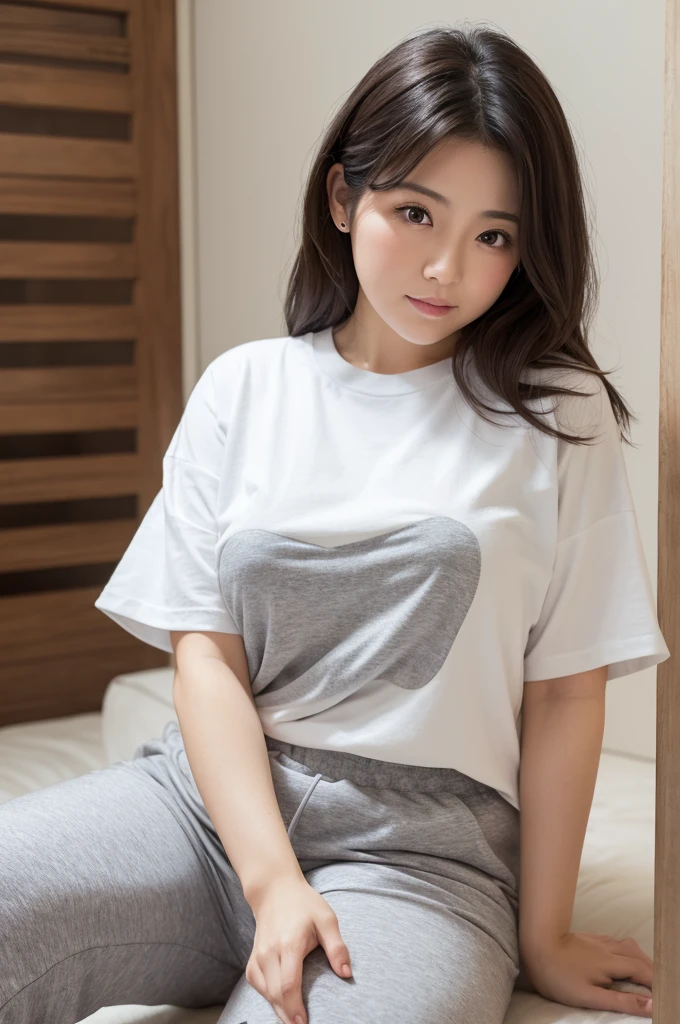 japanese modest female,natural hair,white t-shirt, gray sweat pants,large tareme,curvy,medium hair,portrait
