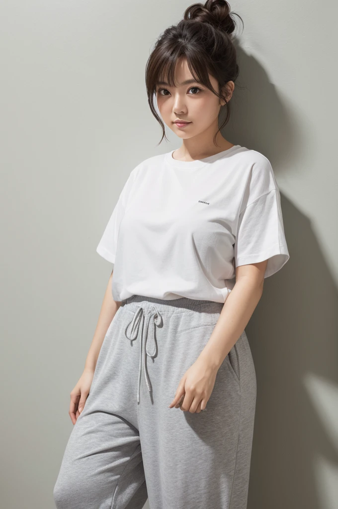 japanese modest female,natural hair,white t-shirt, gray sweat pants,large tareme,curvy,medium hair,portrait