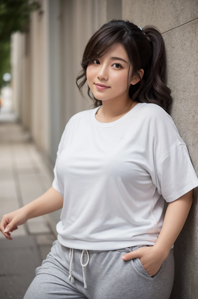 japanese modest female,natural hair,white t-shirt, gray sweat pants,large tareme,curvy,medium hair,portrait