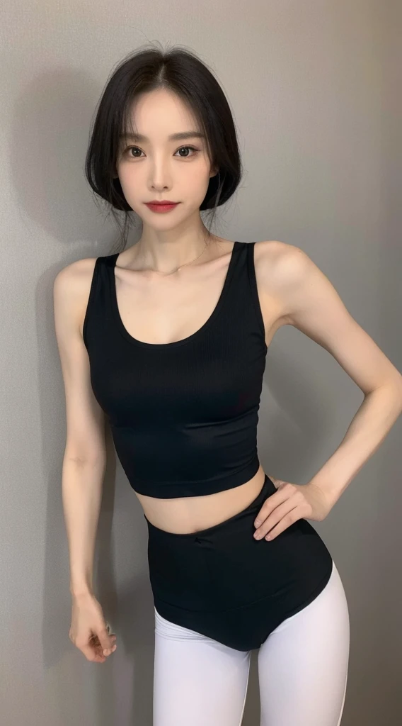 A 14 year old girl in short hair wearing transparent short top. Wet 