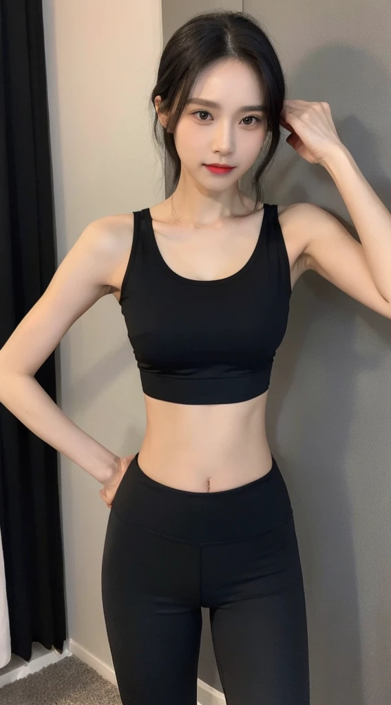 A woman in her fifties wearing a black sports bra top and black leggings, Small waist, Narrow waist, Narrow waist, Narrow waistと太いヒップ, Slim girl photos, Slim waist, with a Narrow waist, Slim girl photos model, Very slim body, physically : The smallest abdomen ever, Fits a slender figure, The smallest abdomen ever