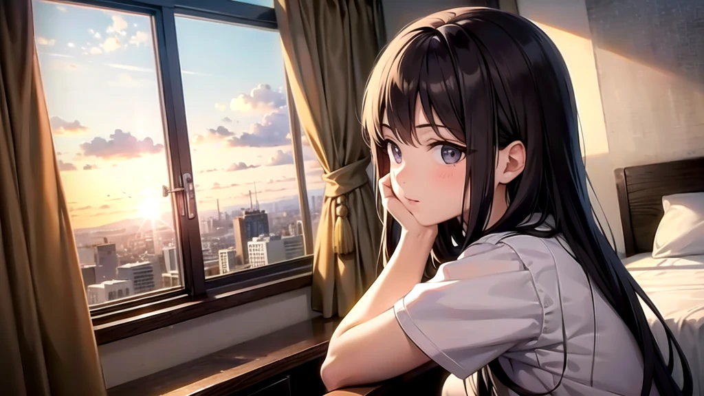 Girl looking at the view from a hotel room