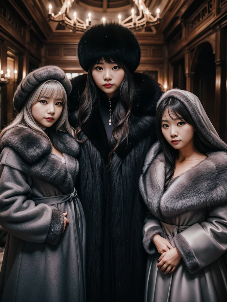 fluffyの毛皮。fluffy。Wedding dressを着た女性たちの写真。Wedding dress、Grey fur cape。Surrounded by fair-skinned adult women。Women wearing fur dresses and veils covering their faces are lined up。Beautiful women in luxurious furs。The dark dungeon of an old stone castle。Fisheye Lens、Fur coat。Multiple women。