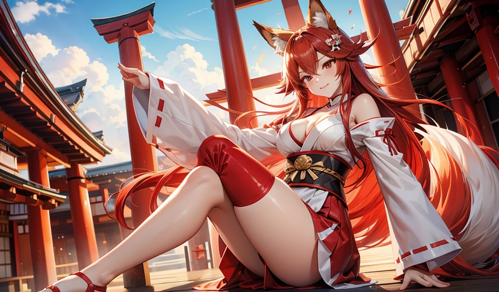 Adult woman with long red hair，Fox ears，Fox tail，Red and white miko costume，cleavage，Long skirt，Bare Legs，Japanese Shrines