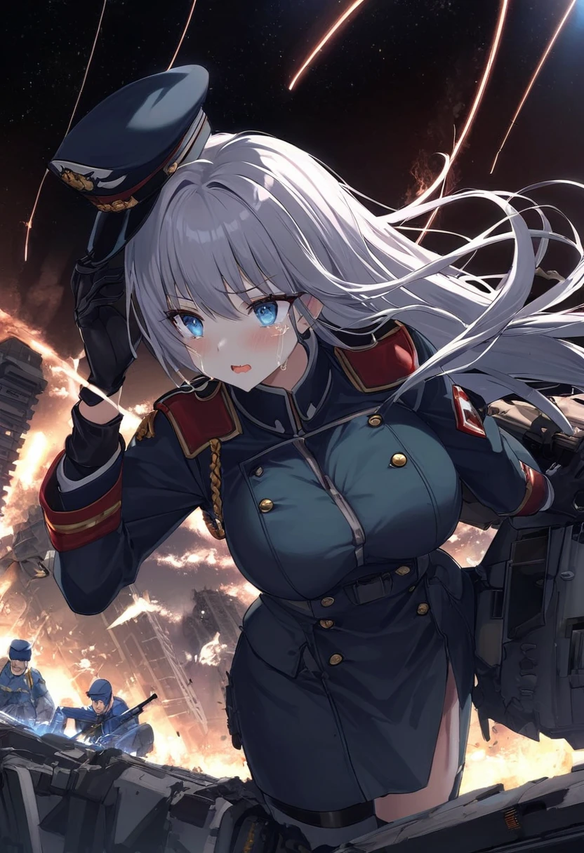 Facing forward　girl　Military uniforms with a white base and some black　Spectacular Background　A shooting star is falling　Beautiful night view　　　She is on the right　On the left you can see the destroyed city.　He has a gun　　　服にはplaneが描かれています　背景の上部にはFighterが飛んでいます　White Moon　blue eyes　　There is one person　blue and long hair　wearing a military cap　war　I'm wearing pants　Precision　masterpiece　girlにクローズアップ　girlを正面から見ています　Straight Rare　soldier　battlefield　{超Precision} Satanic　Terrified face　A few tears in the eyes　Scared　Anime Style　 {war} {Gunfight} {Fighterの擬人化} Fighter　tank　Battleship　plane　Thunder Day　Mechanical Man　宇宙Battleshipヤマトの武装をつけています　A dignified expression　F-16Fighterの翼を背中につけています