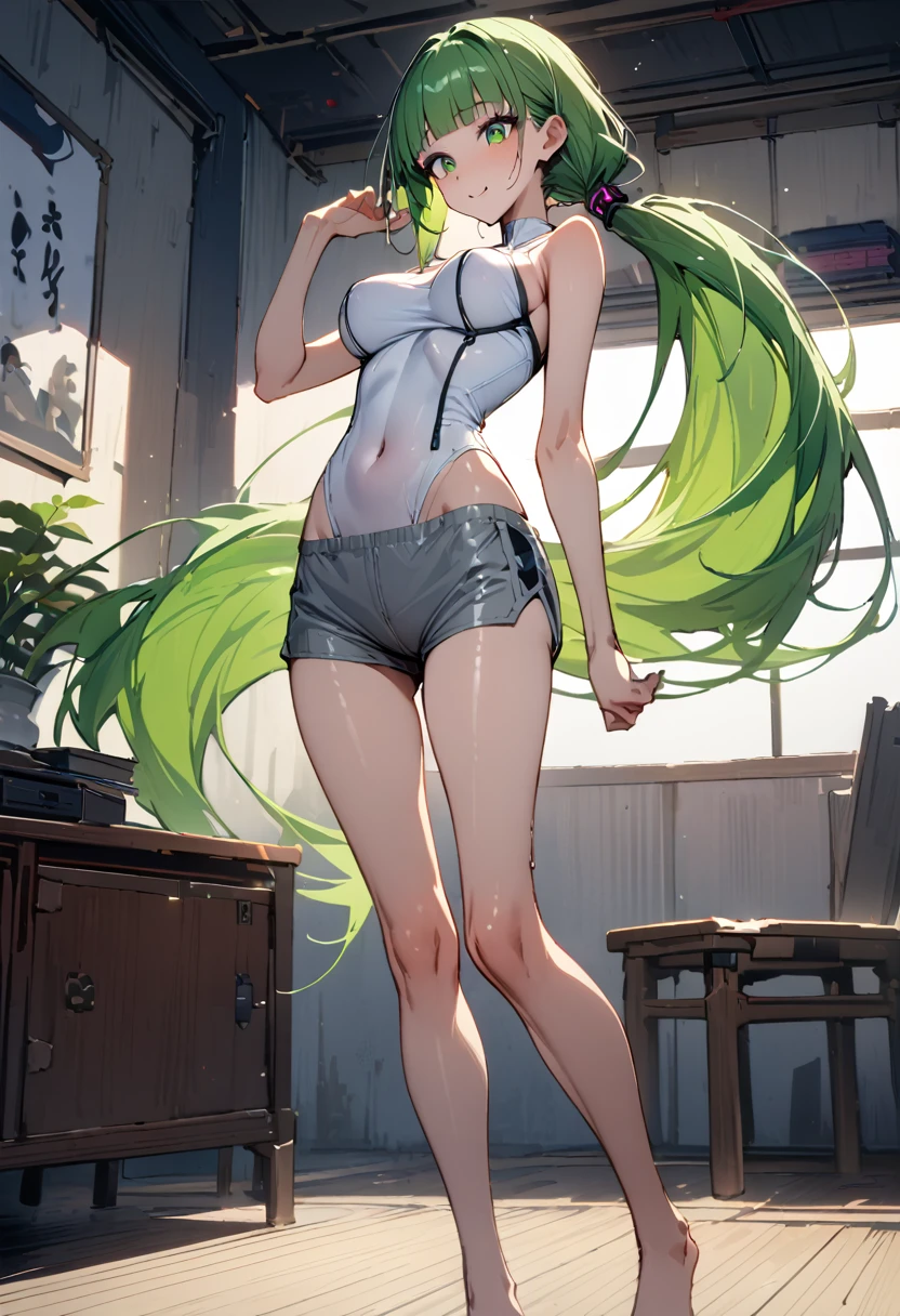 ((masterpiece,Highest quality:1.3)),1woman,30 year old beauty,独奏,((very small head:1.3)),green hair,(low ponytail),long hair,blunt bangs,green eyes,gorgeous eyes,shy,smile,medium breasts,((very long body:1.2)),((toned body,slender body,skinny)),gleaming skin,shiny skin,(White tight T-shirt、navel、Grey wet shorts)、barefoot、standing,Simple bedroom、cyber punk、World of Blade Runner、