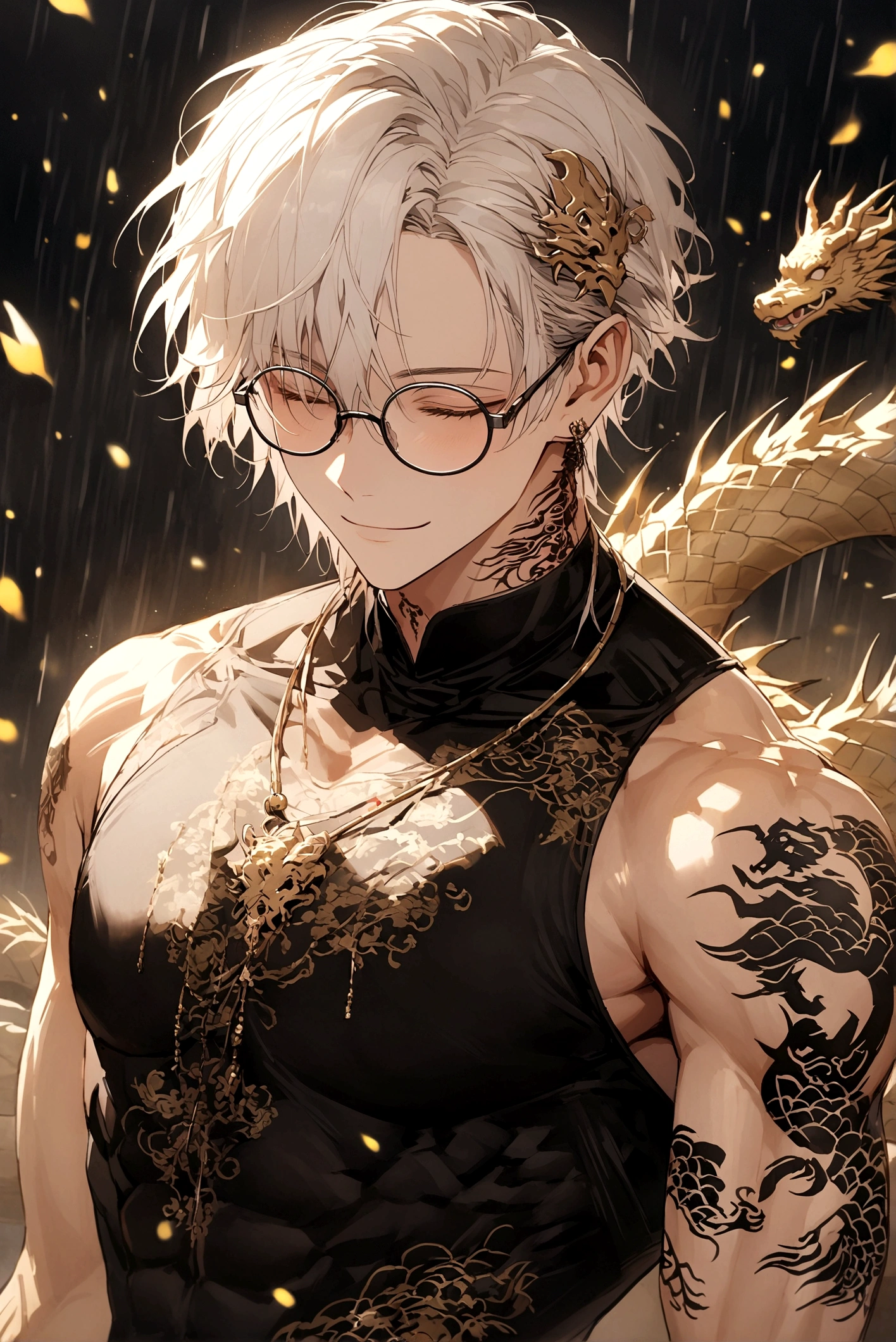 Long white hair, always smile and close the eyes,male,slim,have abs and muscles little, black Chinese long clothes with golden dragon patterns, black dragon tattoos on neck, black rimless glasses on head, black gloves,**close the eyes**,alone,The background have bamboo raining 