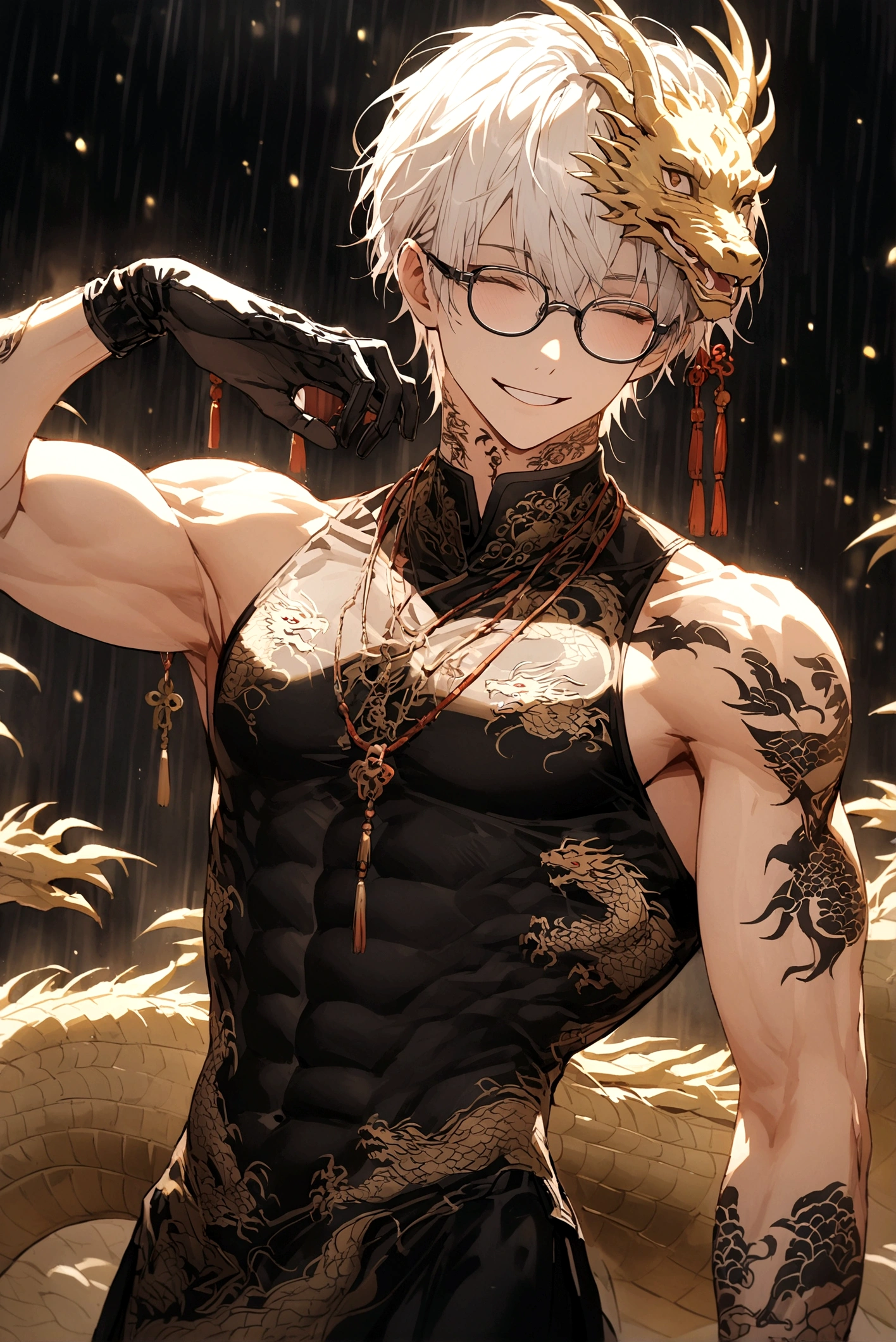 Long white hair, always smile and close the eyes,male,slim,have abs and muscles little, black Chinese long clothes with golden dragon patterns, black dragon tattoos on neck, black rimless glasses on head, black gloves,**close the eyes**,alone,The background have bamboo raining