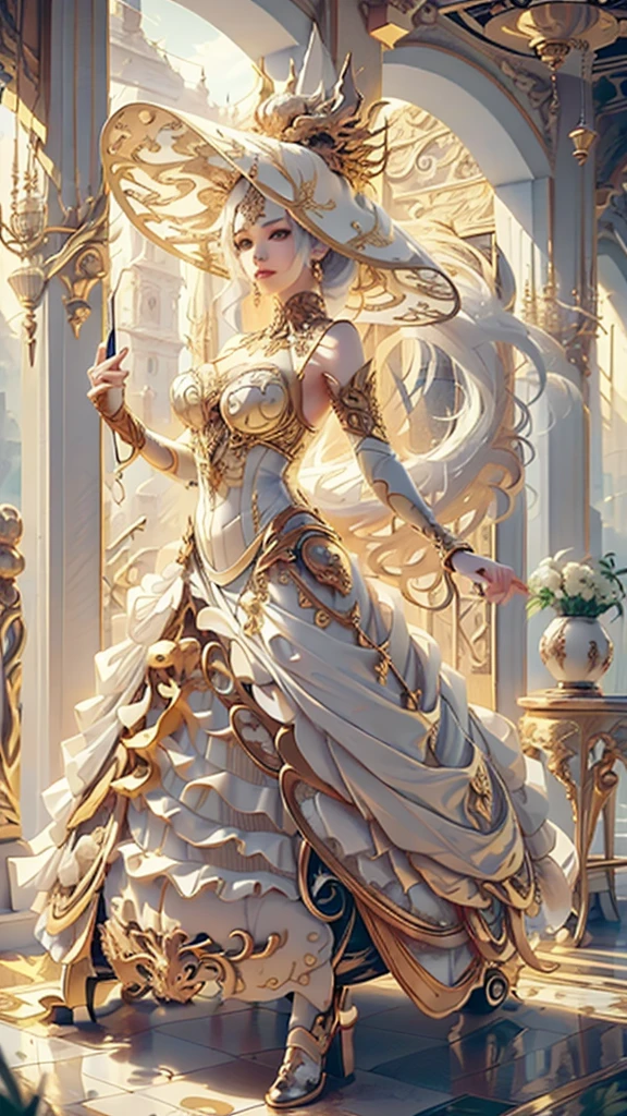 Generate a mesmerizing visual featuring a girl adorned in an exquisite IvoryGold Style ensemble. Her attire combines a rich palette of white and gold hues, creating an opulent and timeless look. Surround her with intricate fractal art patterns that seem to come alive, adding a surreal and otherworldly dimension to her presence, creatives, tangled, entangle, high_res