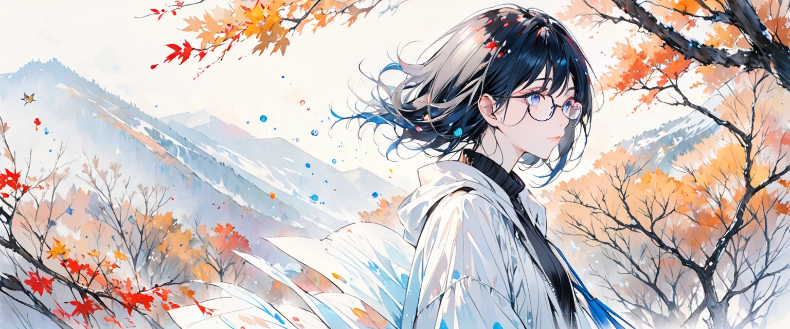 A painting by mse《Woman wearing glasses》,author:agnes cecile, Luminous design, Soft colors, Ink drops, Autumn Lights