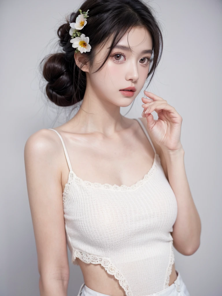 masterpiece,Best picture quality,Extreme details,Ultra-high resolution,Ultra-high definition,Beautiful young people,Glowing skin,thin,Black Hair,Half bun,1,big eyes,beautiful eyes,Lipstick,Exquisite facial features,Medium shot,Looking at the viewer, Tube Top Suspenders,Single tone background,White background,Soft light,Wear flowers on your head