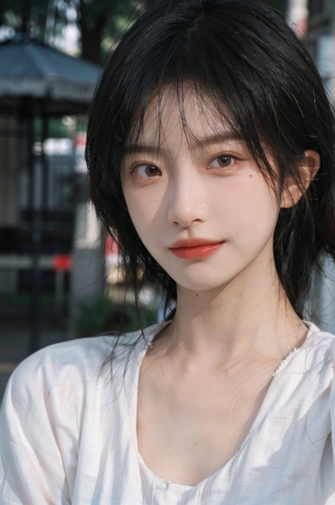 (Skin details:1.4), (smooth skin textures:1.3), Lipstick, background, earrings, serene, calm, (Realistic and detailed eyes：1.2）, Natural skin texture, Realistic facial details, Soft dramatic lighting, Vivid details, 35 mm film, outdoor, (Photo Practical:1.4), (hyper Practical:1.4), (Practical:1.3), (Smoother lighting:1.05), (Improve lighting quality:0.9), (Highest quality real skin textures:1.4), Exquisite eyes, Delicate face, Close-up of face, (Enhance the beauty of skin texture:1.1), Hair details,（Large Breasts：1.3）normal body ratio, short hair, Moles under the eyes, A faint smile,Portrait Photography, Depth of Field, Bokeh, Surrealism, Ray Tracing, (Portrait Photography:1.1), Surrealism, High Detail, Chiaroscuro, Ray Tracing, reflected light, Ultra HD, Ultra HD, masterpiece, Textured Skin, Super Detail, High Detail, high quality, best quality