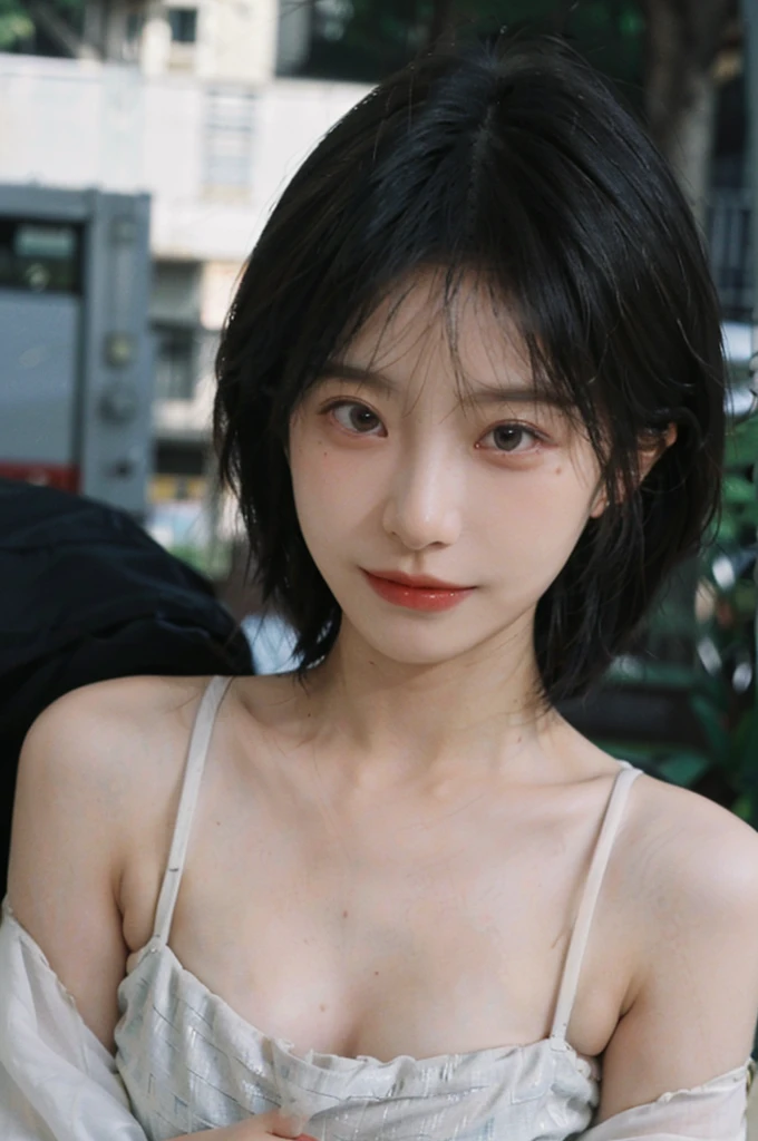 (Skin details:1.4), (smooth skin textures:1.3), Lipstick, background, earrings, serene, calm, (Realistic and detailed eyes:1.2), Natural skin texture, Realistic facial details, Soft dramatic lighting, Vivid details, 35 mm film, outdoor, (Photo Practical:1.4), (hyper Practical:1.4), (Practical:1.3), (Smoother lighting:1.05), (Improve lighting quality:0.9), (Highest quality real skin textures:1.4), Exquisite eyes, Delicate face, Close-up of face, (Enhance the beauty of skin texture:1.1), Hair details,(Large Breasts:1.3)normal body ratio, short hair, Moles under the eyes, A faint smile,Portrait Photography, Depth of Field, Bokeh, Surrealism, Ray Tracing, (Portrait Photography:1.1), Surrealism, High Detail, Chiaroscuro, Ray Tracing, reflected light, Ultra HD, Ultra HD, masterpiece, Textured Skin, Super Detail, High Detail, high quality, best quality