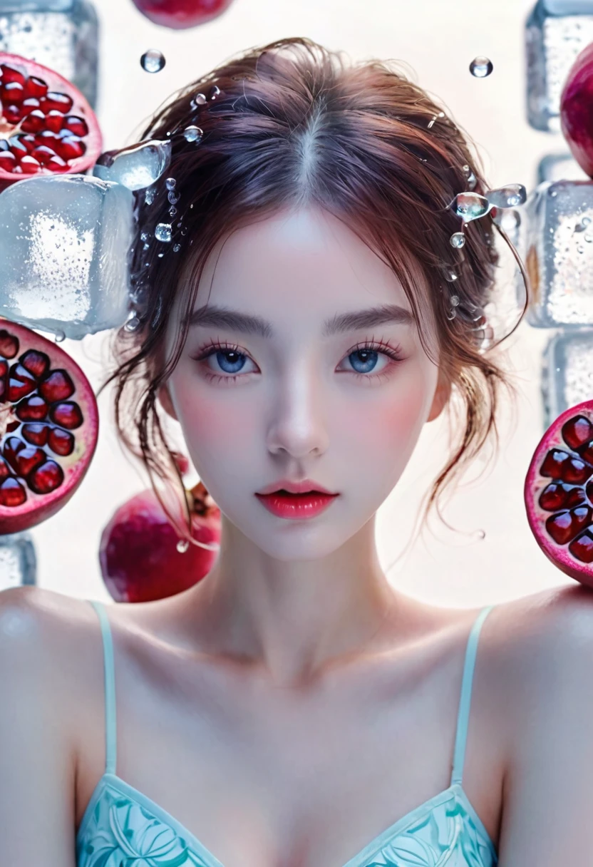 Summer Pomegranate Girl,Dopamine teenage, Cool summer days,Ice cubes,The watery girl,Delicate skin,Hydration,Shiny,Shiny,dream,Front view,bust,pearl,Pomegranate fruit