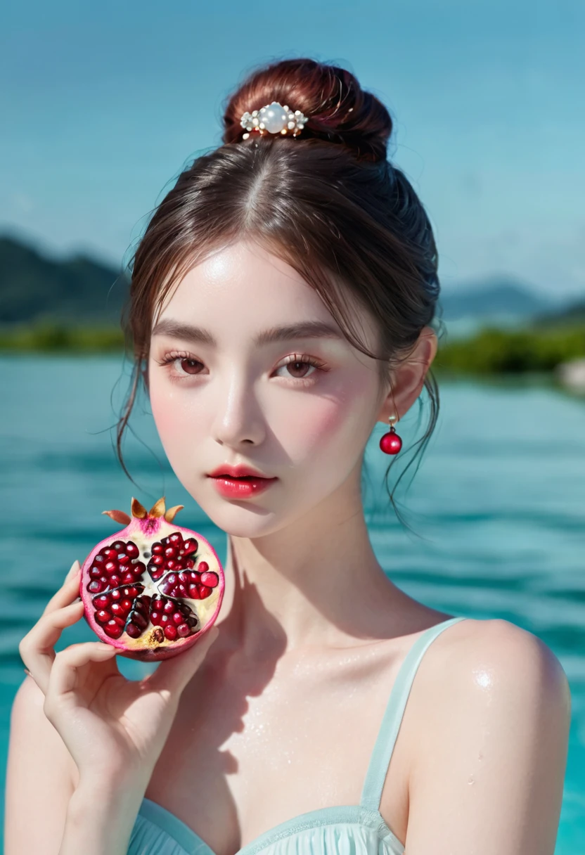 Summer Pomegranate Girl,Dopamine age, Cool summer days,Ice cubes,The watery girl,Delicate skin,Hydration,Shiny,Shiny,dream,Front view,bust,pearl,Pomegranate fruit