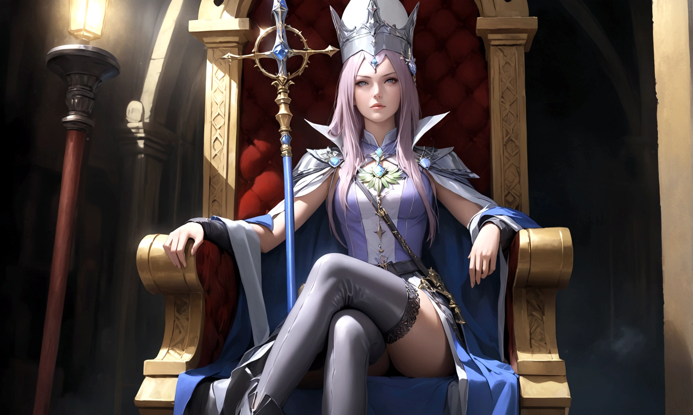 1girl, solo, thighhighs, hat, holding, jewelry, sitting, weapon, boots, thigh boots, crossed legs, staff, realistic, throne