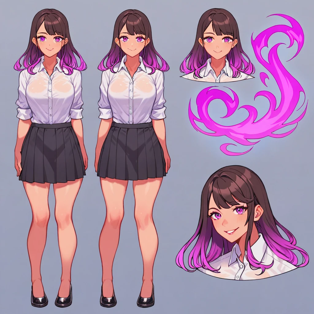 score_9, score_8_up, score_7_up, score_6_up, score_5_up, score_4_up, BREAK source_anime, 1girl, Gradient hair, Purple aura, plum, Creative design, full body, Reference sheet, Character sheet, 2015