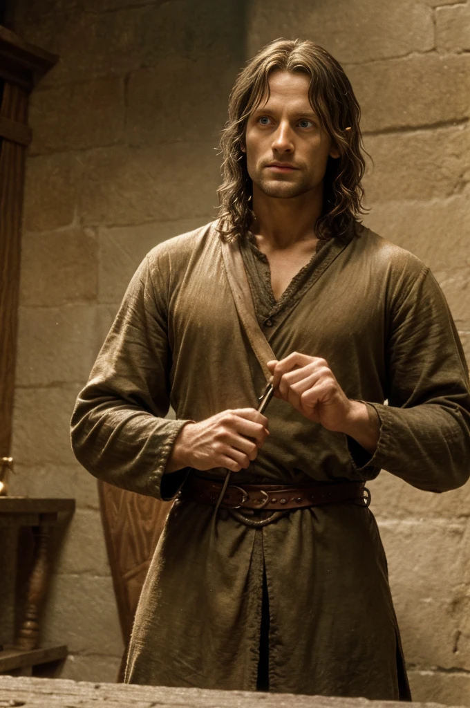 photo of the Caucasian warrior Aragorn from Lord of the Rings, film grain