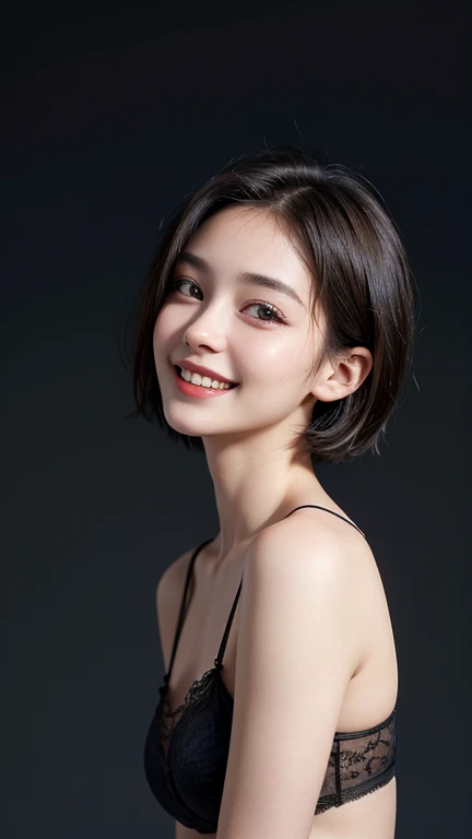 photo realistic, 1 girl,13years old, (finely best quality:1.4), (very thin bikini), ((topless)), (black eyes), detailed eyes, (black hair), short bob hair, (very small breast),slender girl, looking for viewer, (smile),