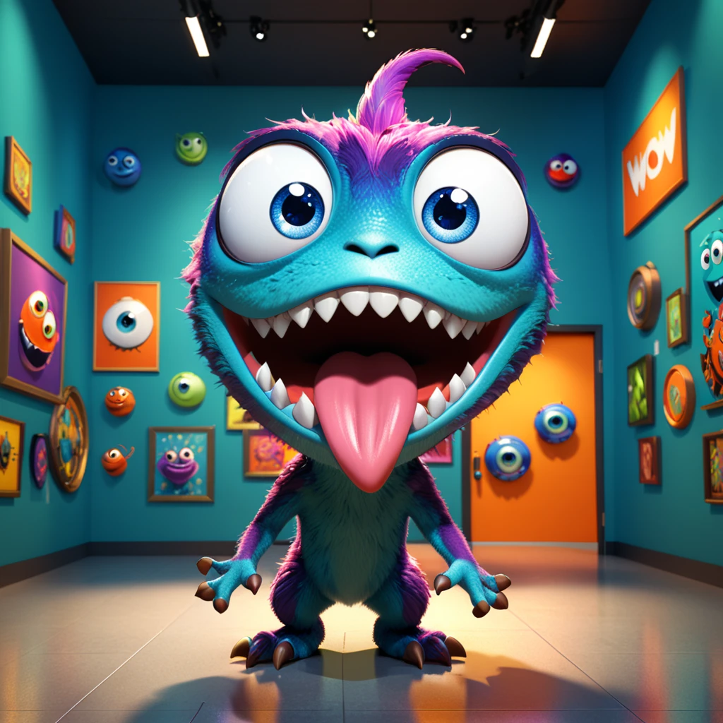 A cute museum monster with big eyes and long tongue, excitedly admiring art pieces in the museum. The cartoon character is designed in the style of Pixar animation studio, created using C4D software. It has an elegant and colorful color scheme and showcases an awestruck expression through a speech bubble saying "Wow!". --ar 1:1 --v 6.0 --3D render