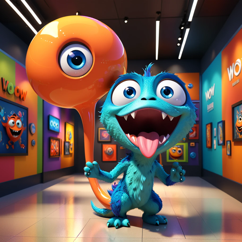 A cute museum monster with big eyes and long tongue, excitedly admiring art pieces in the museum. The cartoon character is designed in the style of Pixar animation studio, created using C4D software. It has an elegant and colorful color scheme and showcases an awestruck expression through a speech bubble saying "Wow!". --ar 1:1 --v 6.0 --3D render