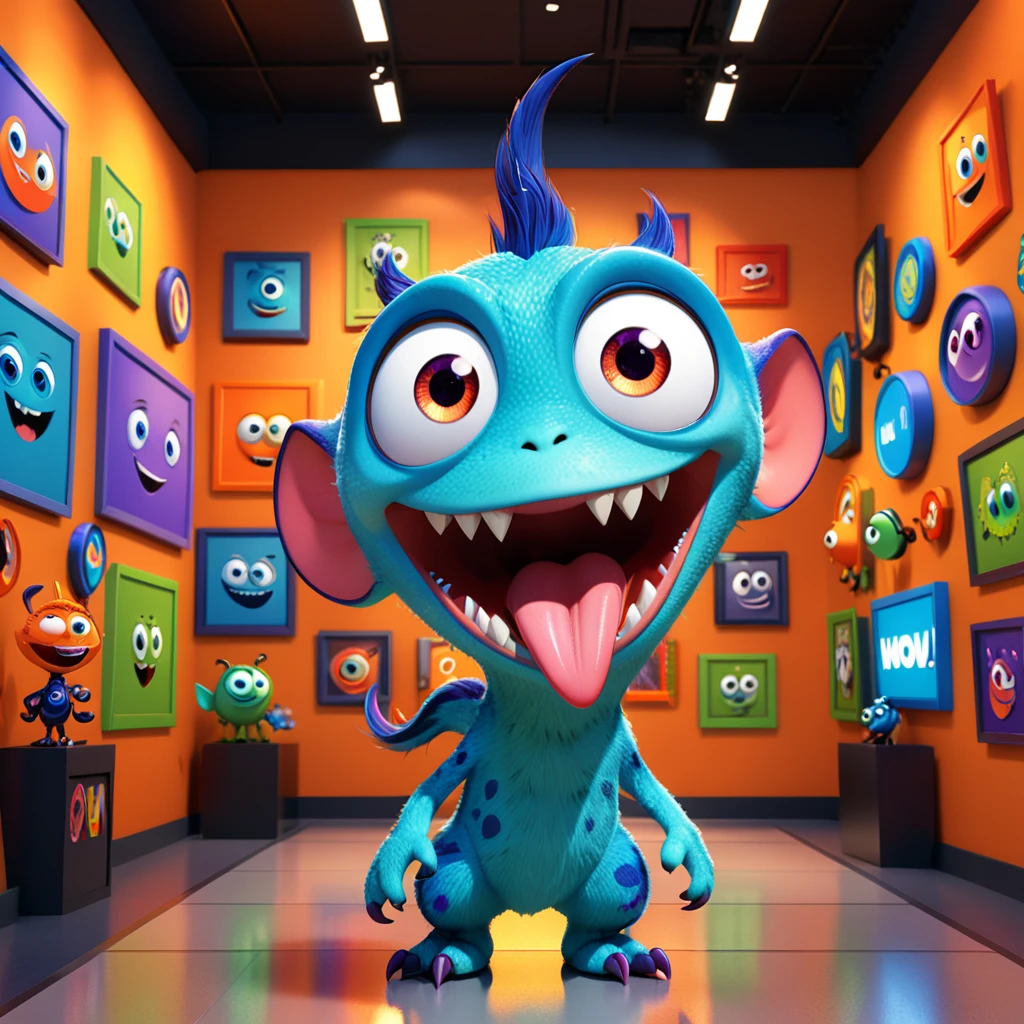A cute museum monster with big eyes and long tongue, excitedly admiring art pieces in the museum. The cartoon character is designed in the style of Pixar animation studio, created using C4D software. It has an elegant and colorful color scheme and showcases an awestruck expression through a speech bubble saying "Wow!". --ar 1:1 --v 6.0 --3D render