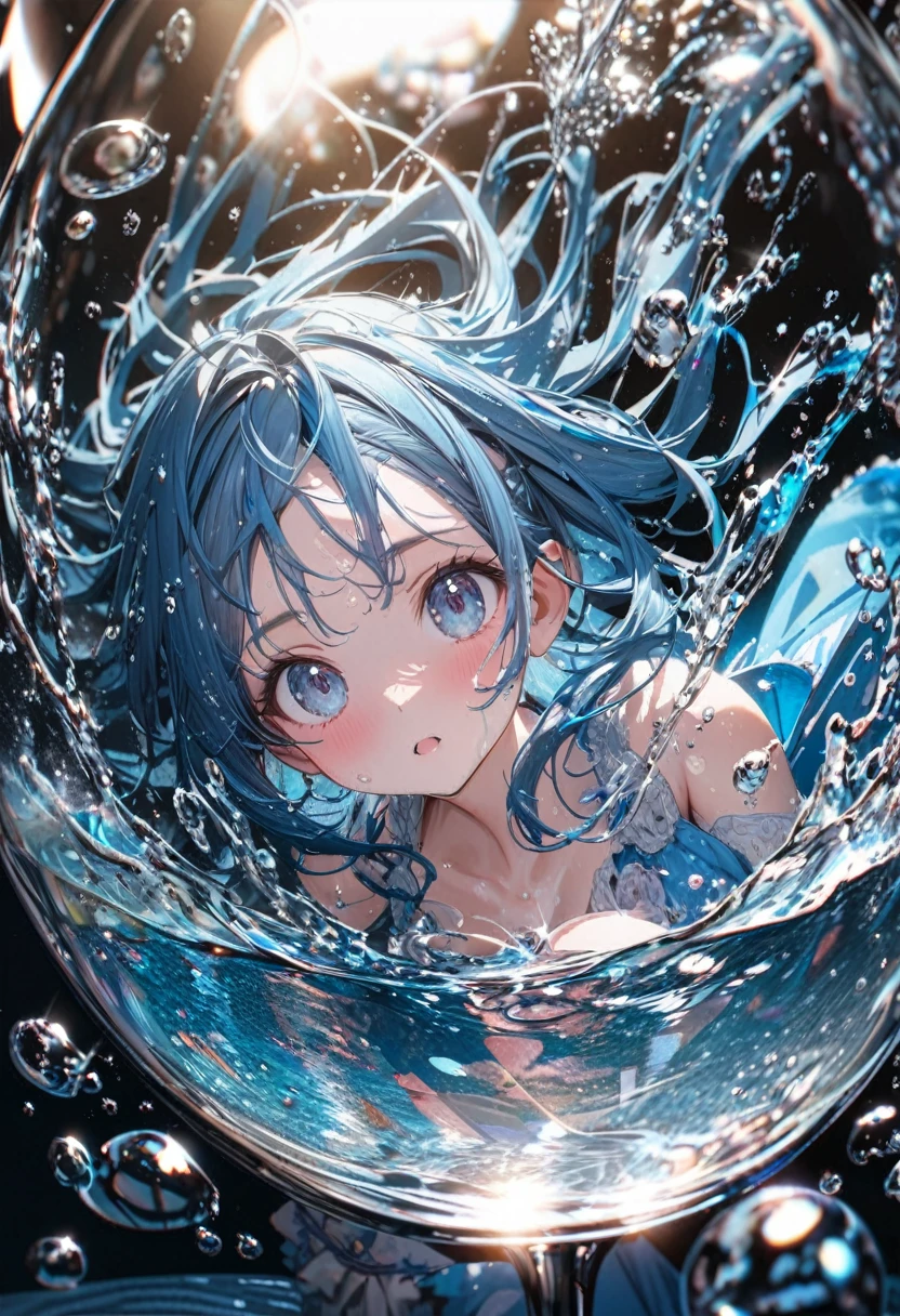 Super detailed, 8K, glass, Water in a glass, Glass Crystals, bubble, Right blue water, nice, bright、Blue Hair Girl、Splash