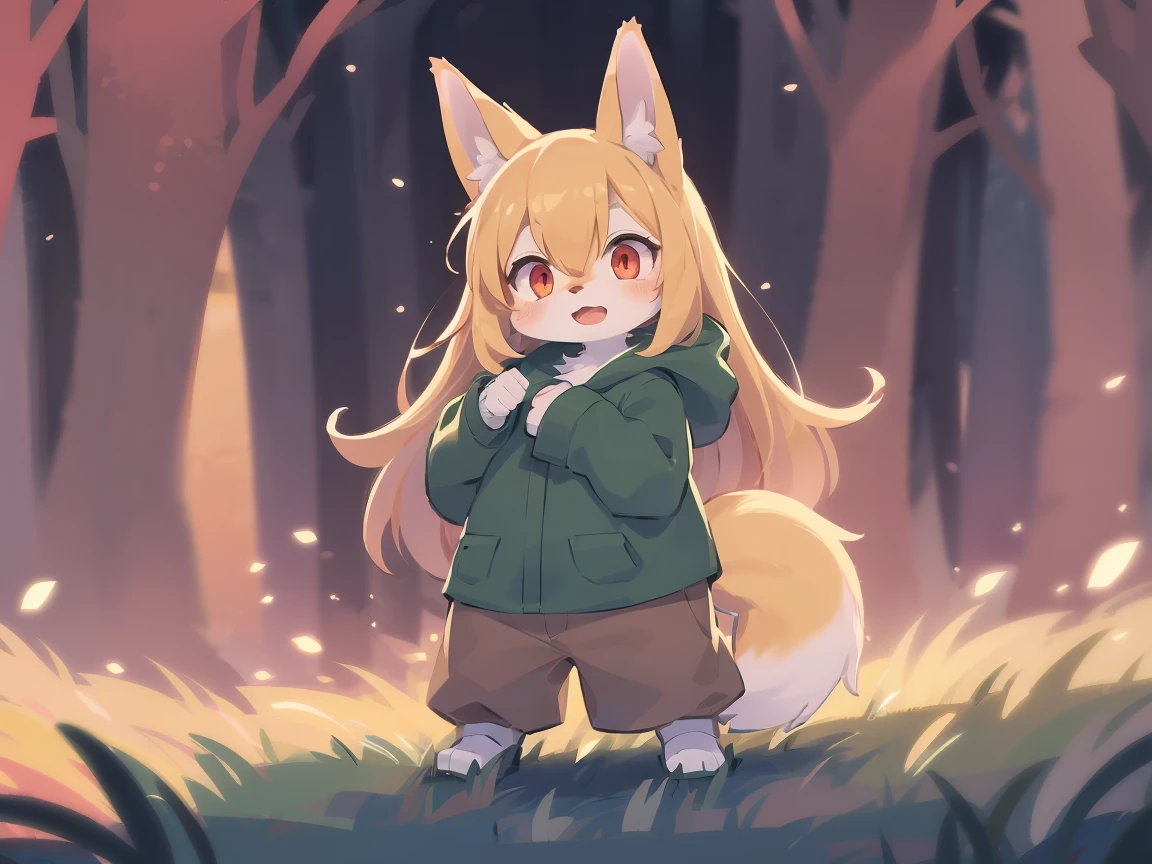 shota the fox, , was hairy, shaggy, skin fur, smooth lashes, golden fur, forelimb hands, straight long blonde hair, solid circle eyes, golden ears, golden fur, golden facial fur, shiny hair, red eyes, super cute face, 1fox tail, fluffy tail, furry tail, glowing eyes, green coat green hood down, brown trousers, standing, open mouth, ambient light, ultra-fine fur, dashed eyes, full body, masterpiece, high quality, high-details, best quality, wide short, (((solo))), twilight, sun light, red sky, rim light