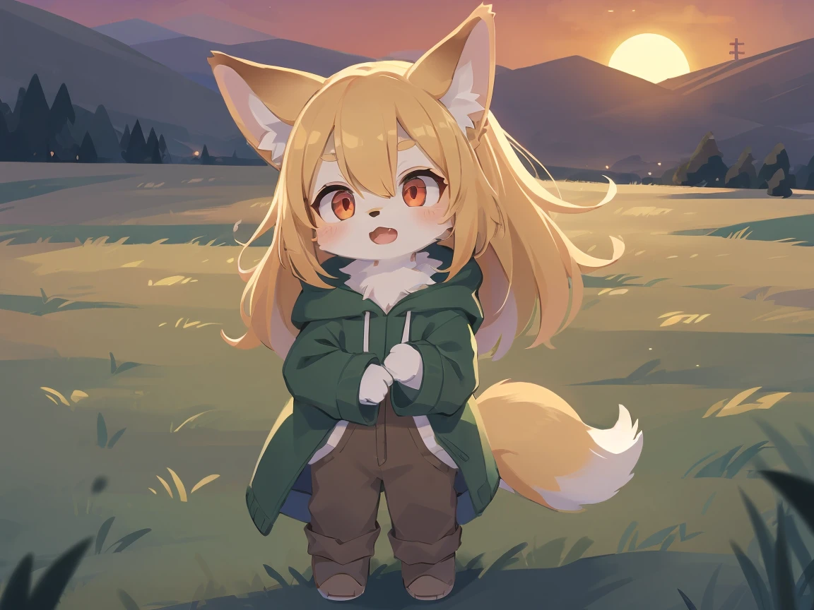 shota the fox, , was hairy, shaggy, skin fur, smooth lashes, golden fur, forelimb hands, straight long blonde hair, solid circle eyes, golden ears, golden fur, golden facial fur, shiny hair, red eyes, super cute face, 1fox tail, fluffy tail, furry tail, glowing eyes, green coat green hood down, brown trousers, standing, open mouth, ambient light, ultra-fine fur, dashed eyes, full body, masterpiece, high quality, high-details, best quality, wide short, (((solo))), twilight, sun light, red sky, rim light