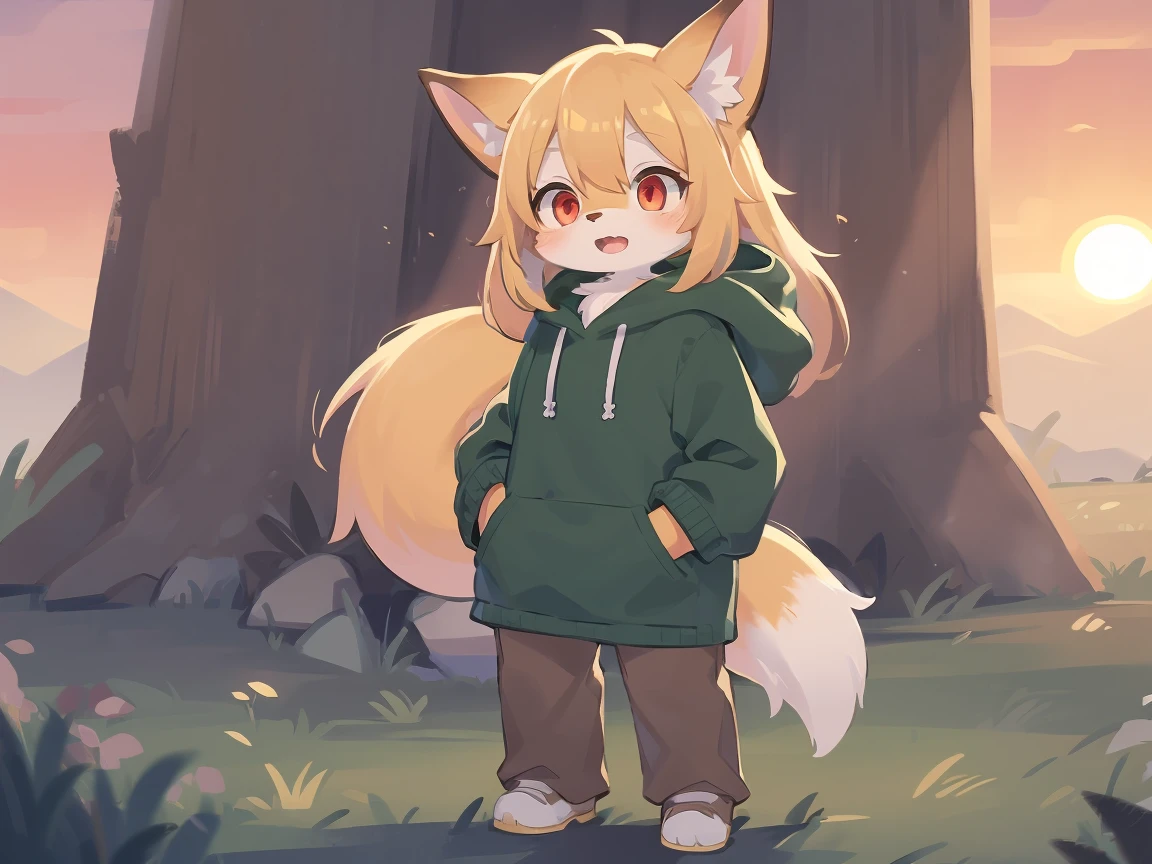 shota the fox, , was hairy, shaggy, skin fur, smooth lashes, golden fur, forelimb hands, straight long blonde hair, solid circle eyes, golden ears, golden fur, golden facial fur, shiny hair, red eyes, super cute face, 1fox tail, fluffy tail, furry tail, glowing eyes, green coat green hood down, brown trousers, standing, open mouth, ambient light, ultra-fine fur, dashed eyes, full body, masterpiece, high quality, high-details, best quality, wide short, (((solo))), twilight, sun light, red sky, rim light