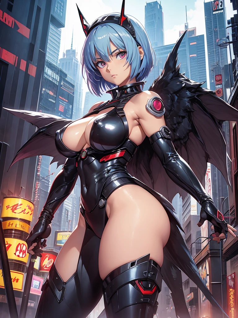 Battle angel alita, rei ayanami from evangelion, sexy, big boobs, big dark wings, they are giant like godzilla near the city neo-Tokyo  