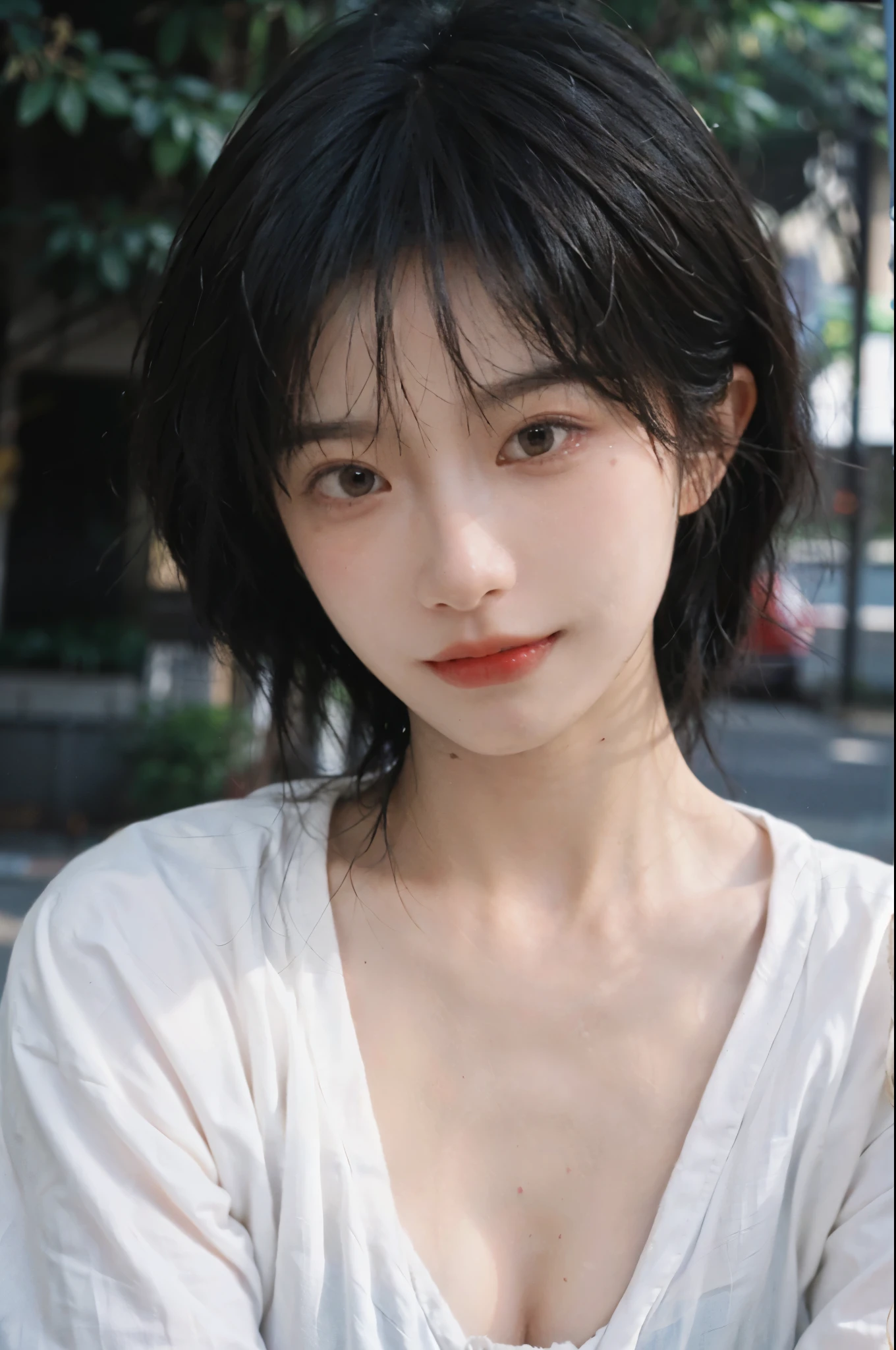 (Skin details:1.4), (smooth skin textures:1.3), Lipstick, background, earrings, serene, calm, (Realistic and detailed eyes:1.2), Natural skin texture, Realistic facial details, Soft dramatic lighting, Vivid details, 35 mm film, outdoor, (Photo Practical:1.4), (hyper Practical:1.4), (Practical:1.3), (Smoother lighting:1.05), (Improve lighting quality:0.9), (Highest quality real skin textures:1.4), Exquisite eyes, Delicate face, Close-up of face, (Enhance the beauty of skin texture:1.1), Hair details,(Large Breasts:1.3)normal body ratio, short hair, Moles under the eyes, A faint smile,Portrait Photography, Depth of Field, Bokeh, Surrealism, Ray Tracing, (Portrait Photography:1.1), Surrealism, High Detail, Chiaroscuro, Ray Tracing, reflected light, Ultra HD, Ultra HD, masterpiece, Textured Skin, Super Detail, High Detail, high quality, best quality