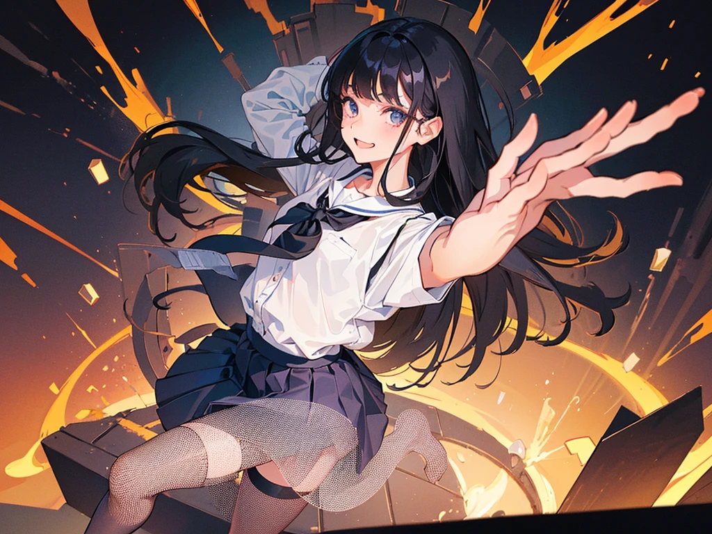 1girl, Standing upright in a classroom in a dark atmosphere in the evening, (schoolgirl uniform), long black hair,long pleated skirt, spooky smile, ((wide shot)), (looking at viewer), 18 years old, ((from front shot))