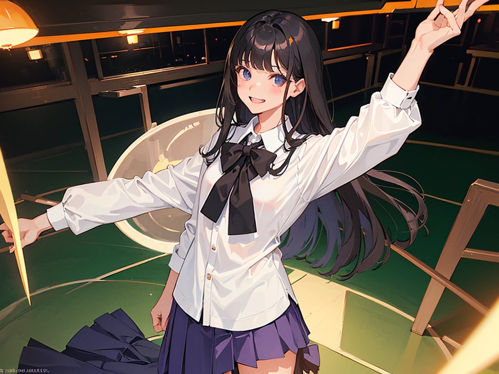 1girl, Standing upright in a classroom in a dark atmosphere in the evening, (schoolgirl uniform), long black hair,long pleated skirt, spooky smile, ((wide shot)), (looking at viewer), 18 years old, ((from front shot))