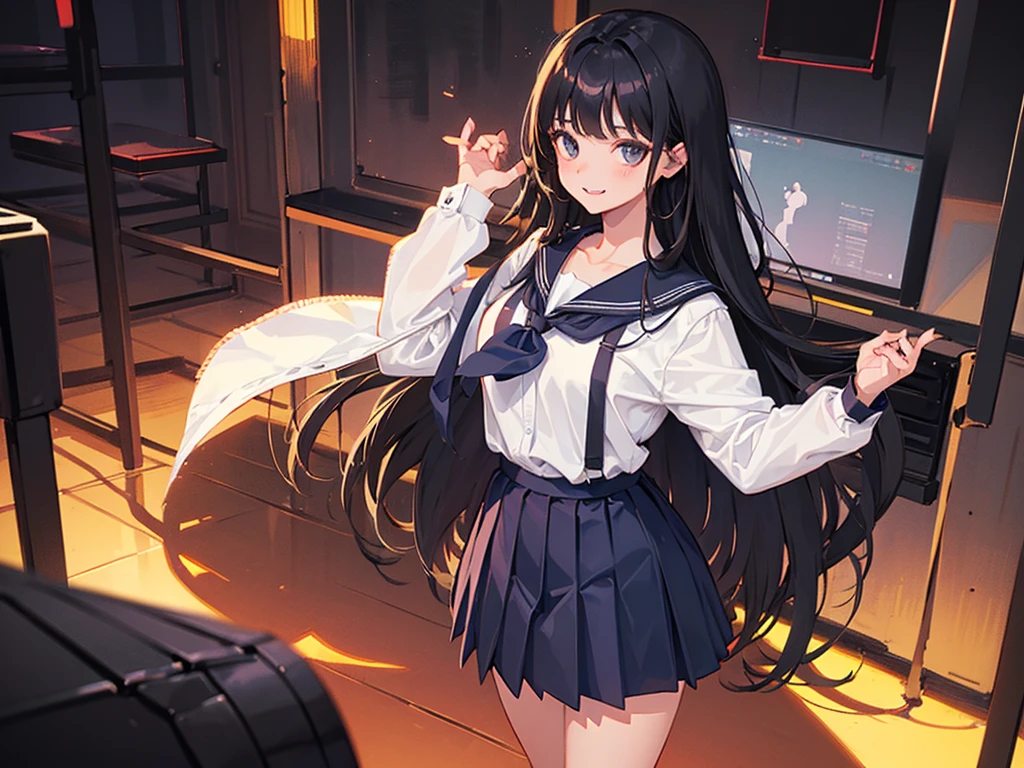 1girl, Standing upright in a classroom in a dark atmosphere in the evening, (schoolgirl uniform), long black hair,long pleated skirt, spooky smile, ((wide shot)), (looking at viewer), 18 years old, ((from front shot))