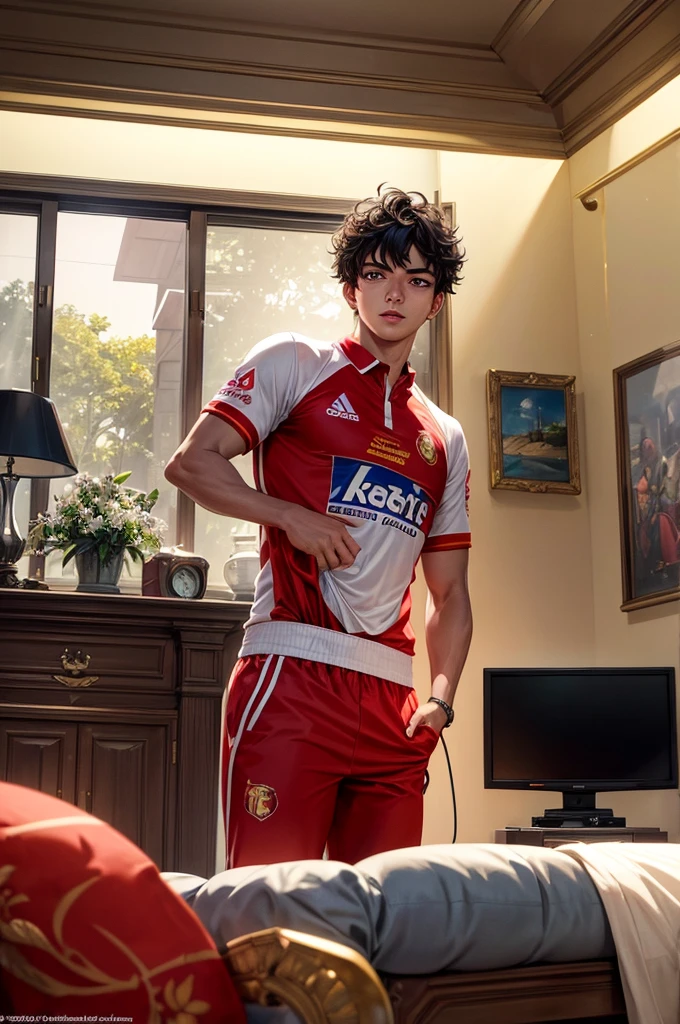((best quality)), ((masterpiece)), (detailed), perfect faceRCB Team Prompt👇👇
In a spacious, tastefully decorated living room, a lifelike scene unfolds. A young man, approximately 21 years old, engrossed in an IPL match, sits before a grand LED TV. He proudly sports a vibrant RCB Team jersey on which name "ADITYA" and the number "18 RCB" emblazoned boldly. The natural lighting cascades through the room, illuminating every detail, while the LED TV screen displays the match in all its glory, captivating the viewer's attention.