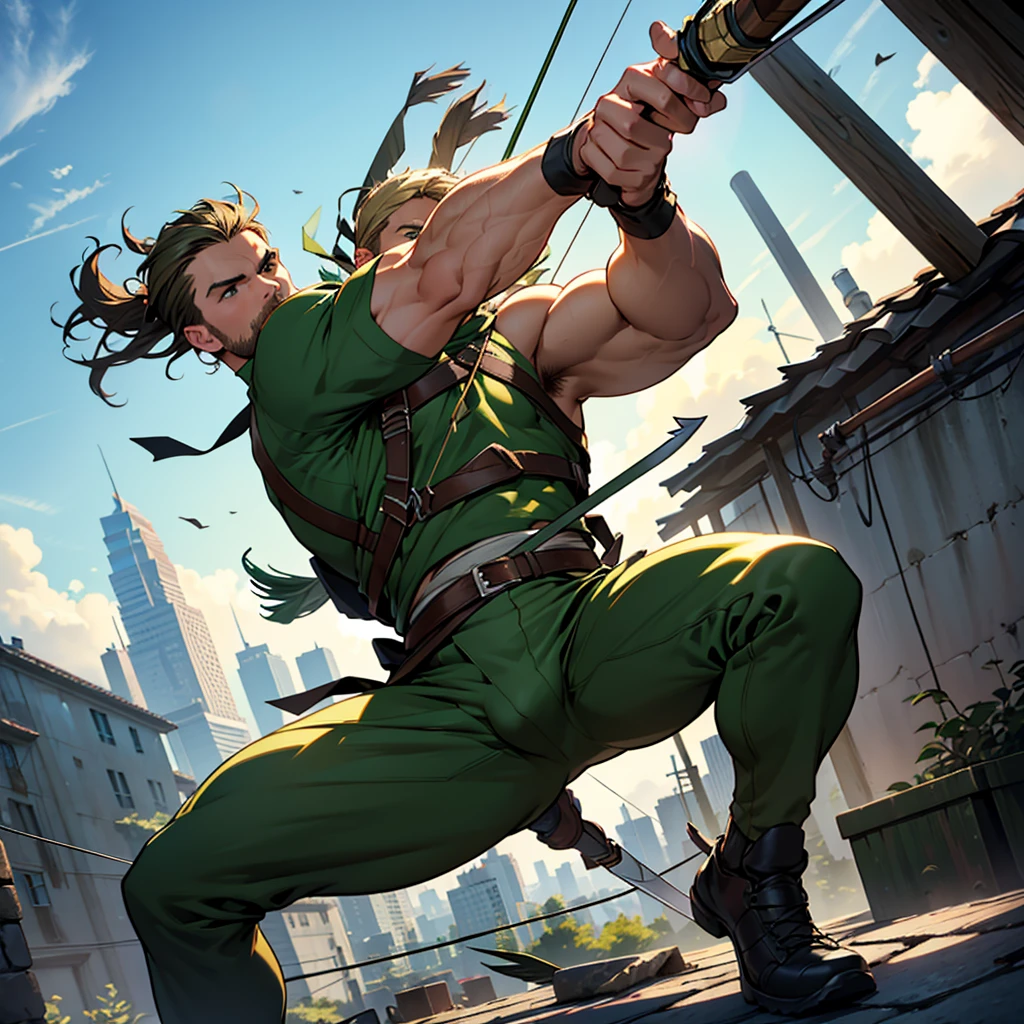In movement ,in action , 8k, high quality , very well detailed face , detailed fingers ,detailed muscles, detailed background, stephen amell as green arrow , wearing dark green outfit, showing a dark blond short hair WITH FADE AWAY , a well groomed facial hair , a bulge ,hunk and handsome, using his bow and arrow , aiming with his bow and arrow toward the ennemy,in action , jumping from roof to roof , in the air , with the quiver on his back full of arrows, background cityscape at DAY LIGHT