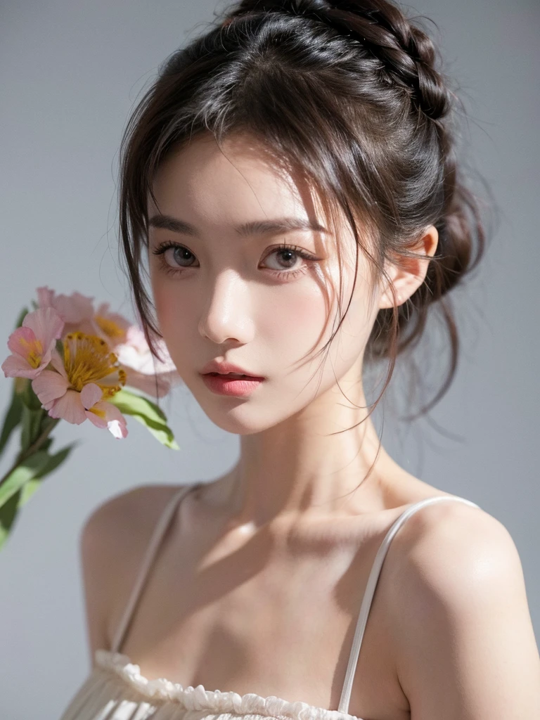 masterpiece,Best picture quality,Extreme details,Ultra-high resolution,Ultra-high definition,Beautiful young people,Glowing skin,thin,Black Hair,Half bun,1,big eyes,beautiful eyes,Lipstick,Exquisite facial features,Medium shot,Looking at the viewer, Tube Top Suspenders,Single tone background,White background,Soft light,Wear flowers on your head