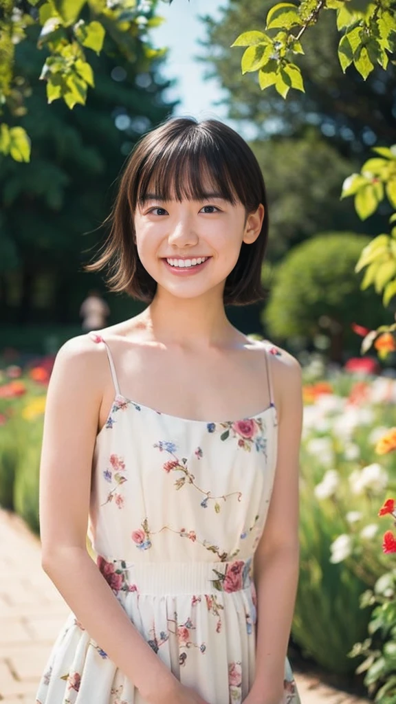 masterpiece, highest quality, disorganized, perfect anatomy, 1 girl, alone, pascal tales, short hair, beautiful, Hilarious, sunny day, botanical garden, Summer winds, sundress, Floral, wavy hair, smile