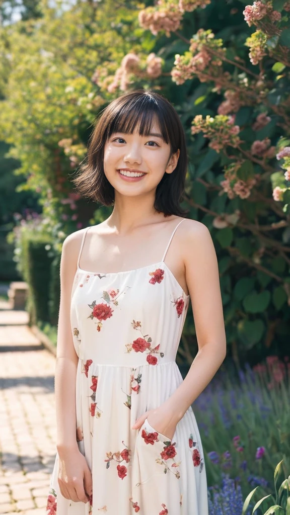 masterpiece, highest quality, disorganized, perfect anatomy, 1 girl, alone, pascal tales, short hair, beautiful, Hilarious, sunny day, botanical garden, Summer winds, sundress, Floral, wavy hair, smile