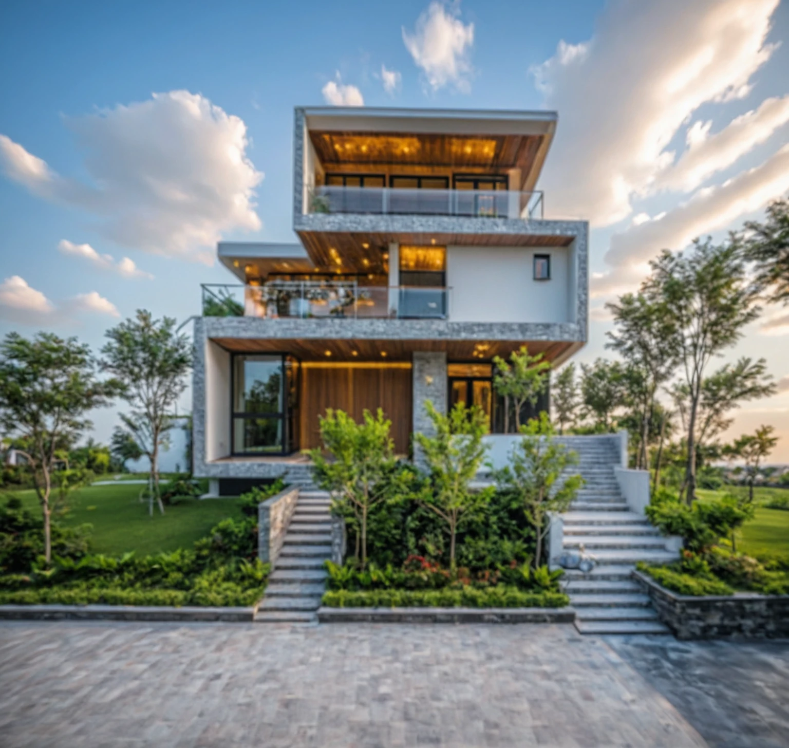Masterpiece, high quality, best quality, authentic, super detail, outdoors, onestoreyvillaXL, aiaigroup, house style modern on the street ,stairs, white wall ,road,pavement, grass, trees, sky, cloud, (daylight:1.1),((pool front of villa))