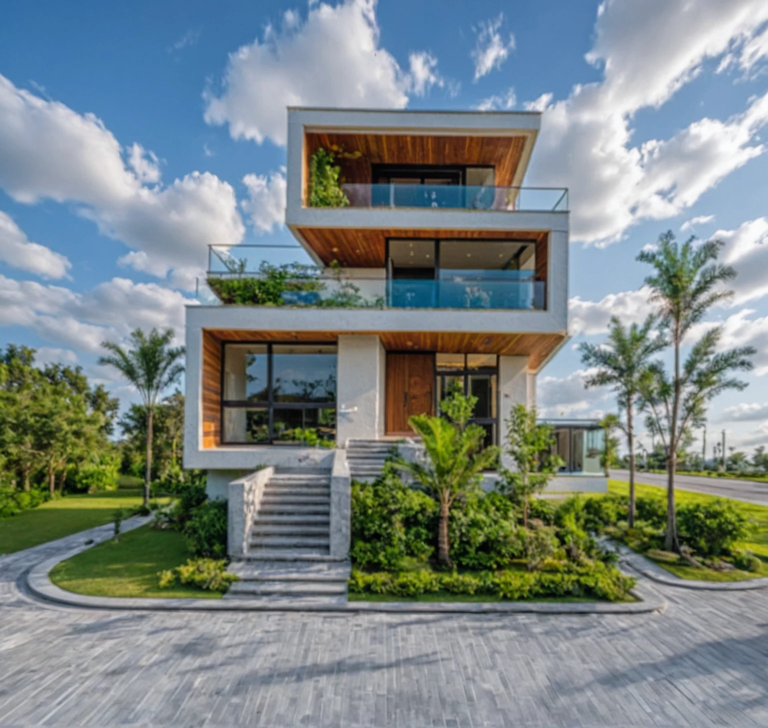 Masterpiece, high quality, best quality, authentic, super detail, outdoors, onestoreyvillaXL, aiaigroup, house style modern on the street ,stairs, white wall ,road,pavement, grass, trees, sky, cloud, (daylight:1.1),((pool front of villa))
