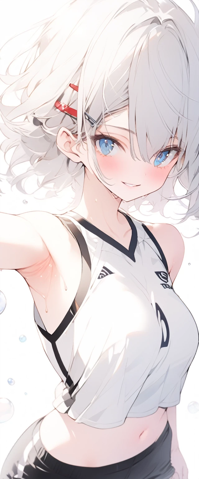beautiful, masterpiece, Highest quality, anime, One girl, C Cup,Portrait Shot, View your viewers, Covered、Short Hair、nearby、Blue Eyes、art、、White hair,Blue streaked hair、hairpin、Cute smile、Thighs、Cute、Sweat、Volleyball uniform、Shorts、navel、gym、Sitting cross-legged